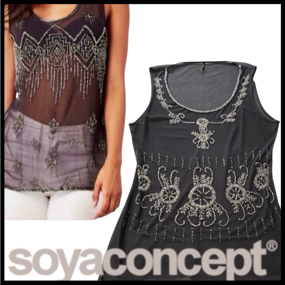 Soyaconcept Dark Grey Sheer Silver Beaded Tank (L)